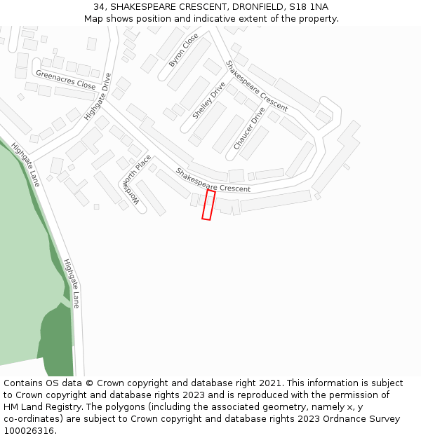 34, SHAKESPEARE CRESCENT, DRONFIELD, S18 1NA: Location map and indicative extent of plot