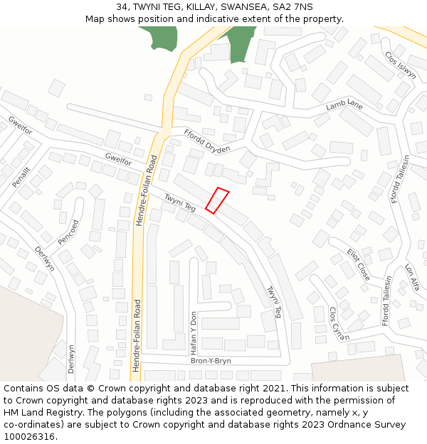 34, TWYNI TEG, KILLAY, SWANSEA, SA2 7NS: Location map and indicative extent of plot