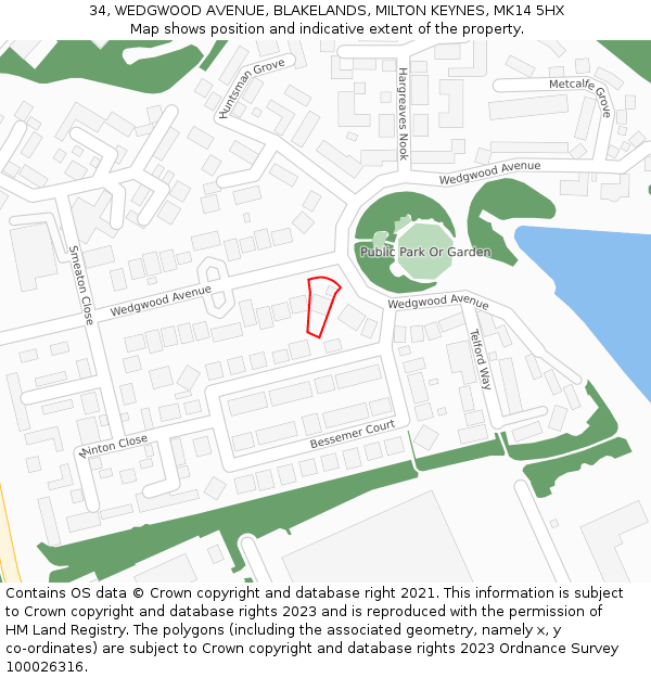 34, WEDGWOOD AVENUE, BLAKELANDS, MILTON KEYNES, MK14 5HX: Location map and indicative extent of plot