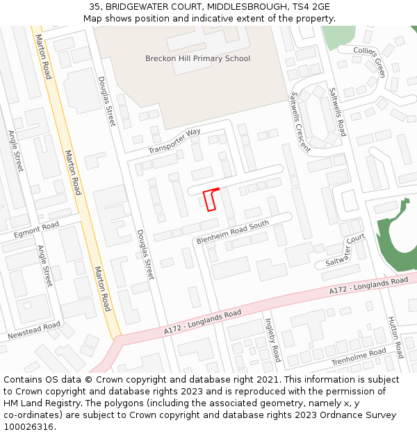 35, BRIDGEWATER COURT, MIDDLESBROUGH, TS4 2GE: Location map and indicative extent of plot