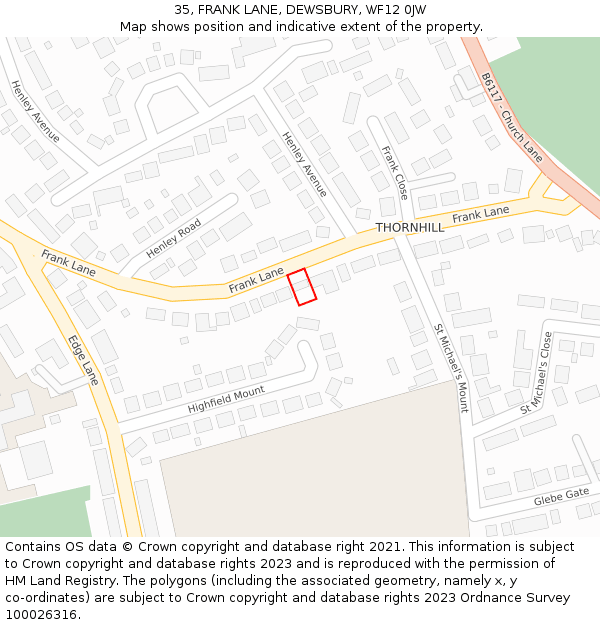 35, FRANK LANE, DEWSBURY, WF12 0JW: Location map and indicative extent of plot