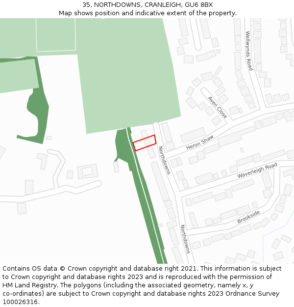 35, NORTHDOWNS, CRANLEIGH, GU6 8BX: Location map and indicative extent of plot