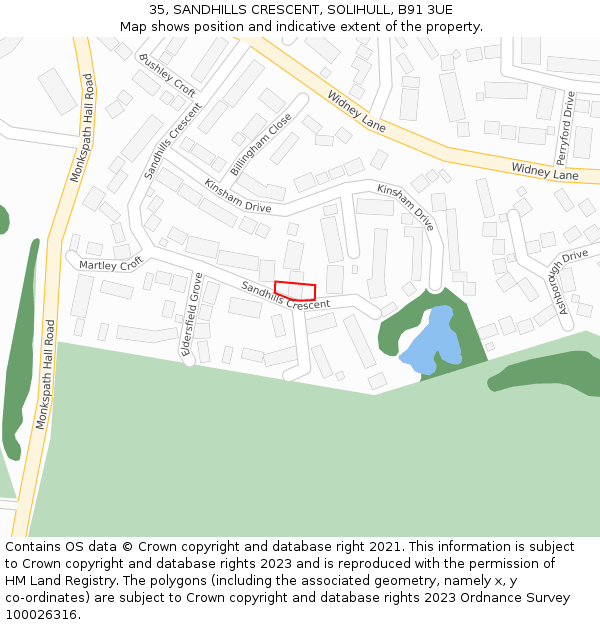 35, SANDHILLS CRESCENT, SOLIHULL, B91 3UE: Location map and indicative extent of plot