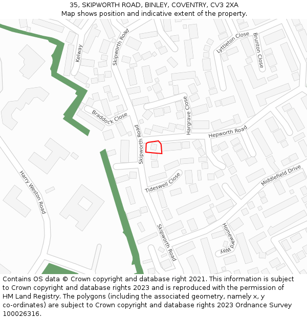 35, SKIPWORTH ROAD, BINLEY, COVENTRY, CV3 2XA: Location map and indicative extent of plot