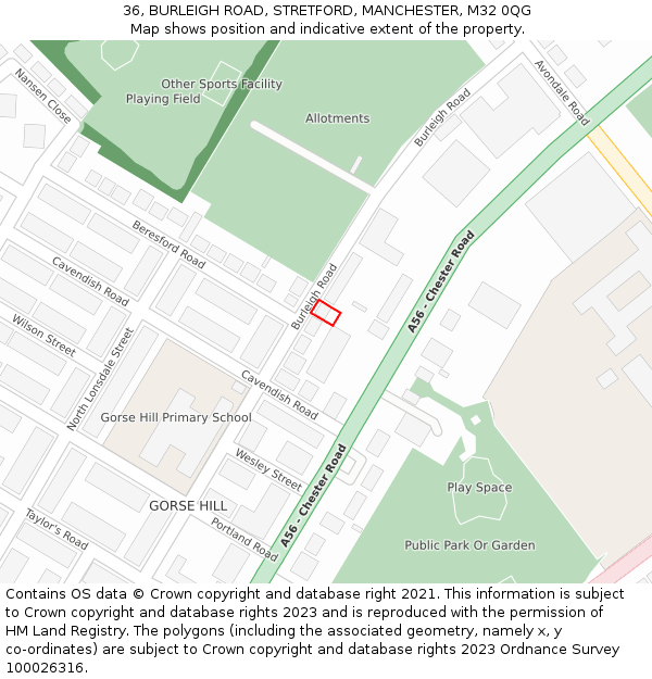 36, BURLEIGH ROAD, STRETFORD, MANCHESTER, M32 0QG: Location map and indicative extent of plot