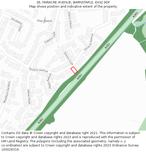 36, FAIRACRE AVENUE, BARNSTAPLE, EX32 9DF: Location map and indicative extent of plot