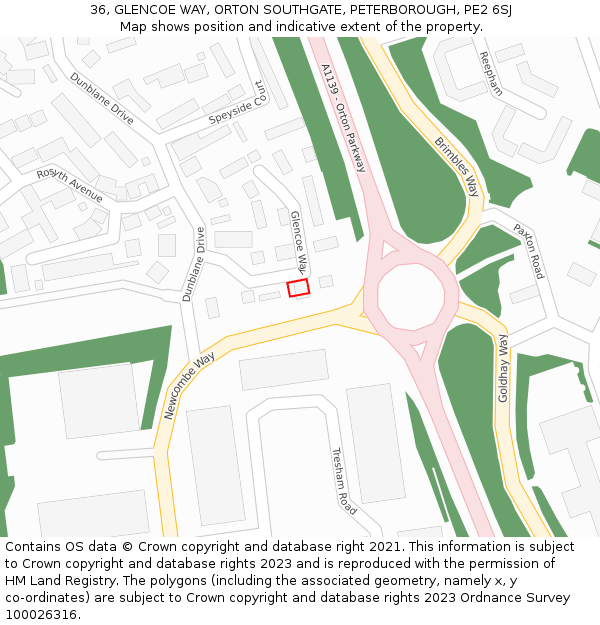 36, GLENCOE WAY, ORTON SOUTHGATE, PETERBOROUGH, PE2 6SJ: Location map and indicative extent of plot