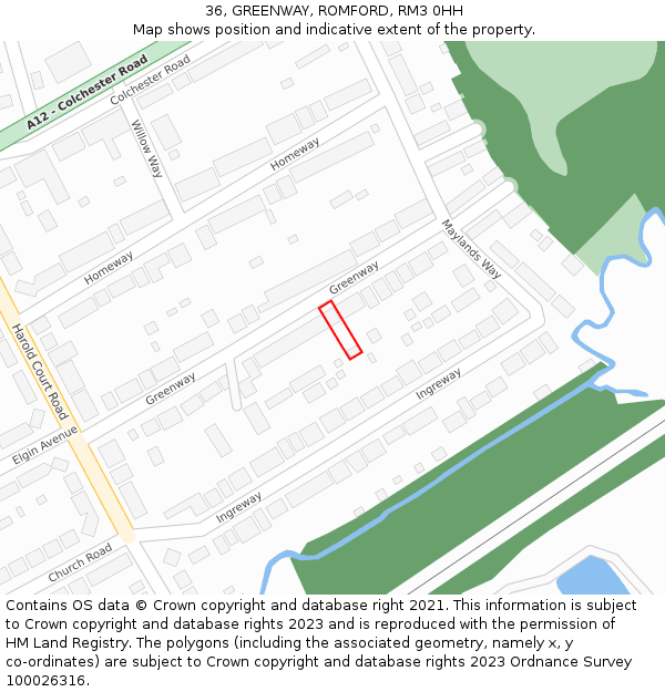 36, GREENWAY, ROMFORD, RM3 0HH: Location map and indicative extent of plot