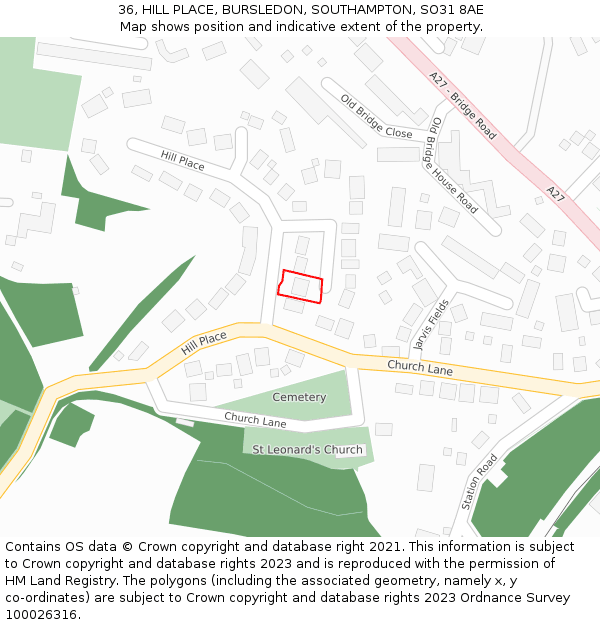 36, HILL PLACE, BURSLEDON, SOUTHAMPTON, SO31 8AE: Location map and indicative extent of plot