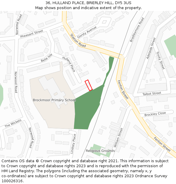 36, HULLAND PLACE, BRIERLEY HILL, DY5 3US: Location map and indicative extent of plot