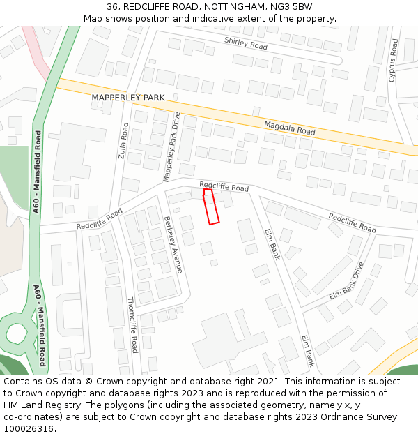 36, REDCLIFFE ROAD, NOTTINGHAM, NG3 5BW: Location map and indicative extent of plot