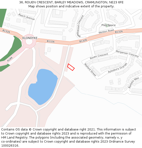 36, ROUEN CRESCENT, BARLEY MEADOWS, CRAMLINGTON, NE23 6FE: Location map and indicative extent of plot