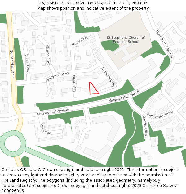 36, SANDERLING DRIVE, BANKS, SOUTHPORT, PR9 8RY: Location map and indicative extent of plot