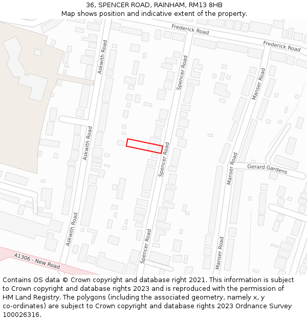 36, SPENCER ROAD, RAINHAM, RM13 8HB: Location map and indicative extent of plot