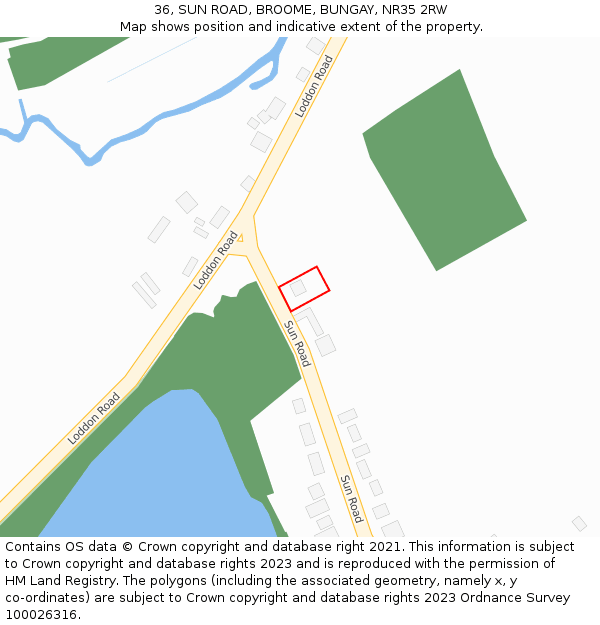 36, SUN ROAD, BROOME, BUNGAY, NR35 2RW: Location map and indicative extent of plot