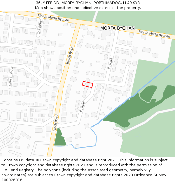 36, Y FFRIDD, MORFA BYCHAN, PORTHMADOG, LL49 9YR: Location map and indicative extent of plot