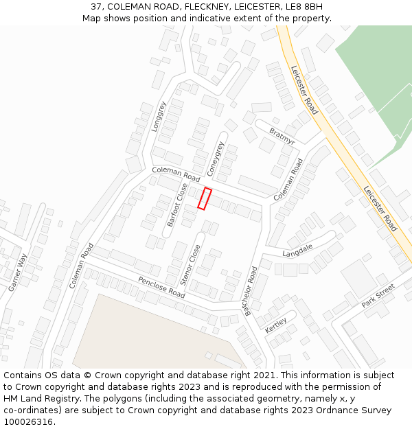 37, COLEMAN ROAD, FLECKNEY, LEICESTER, LE8 8BH: Location map and indicative extent of plot