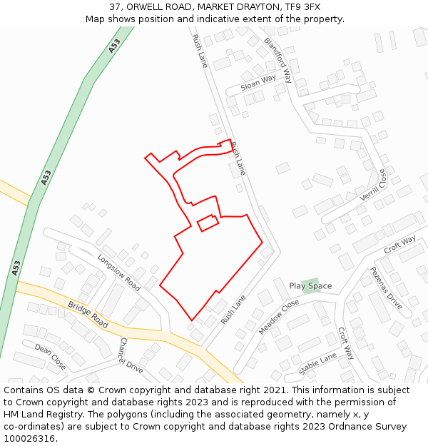 37, ORWELL ROAD, MARKET DRAYTON, TF9 3FX: Location map and indicative extent of plot