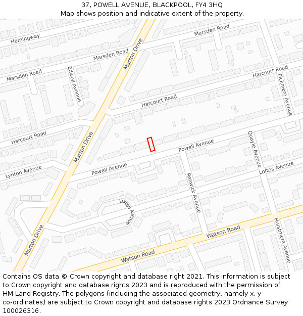 37, POWELL AVENUE, BLACKPOOL, FY4 3HQ: Location map and indicative extent of plot