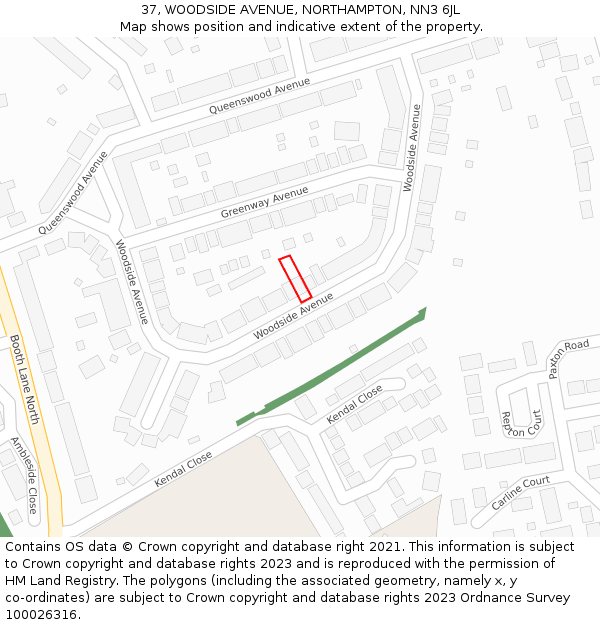 37, WOODSIDE AVENUE, NORTHAMPTON, NN3 6JL: Location map and indicative extent of plot