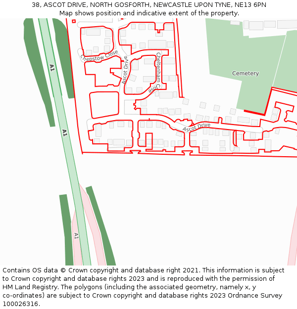 38, ASCOT DRIVE, NORTH GOSFORTH, NEWCASTLE UPON TYNE, NE13 6PN: Location map and indicative extent of plot