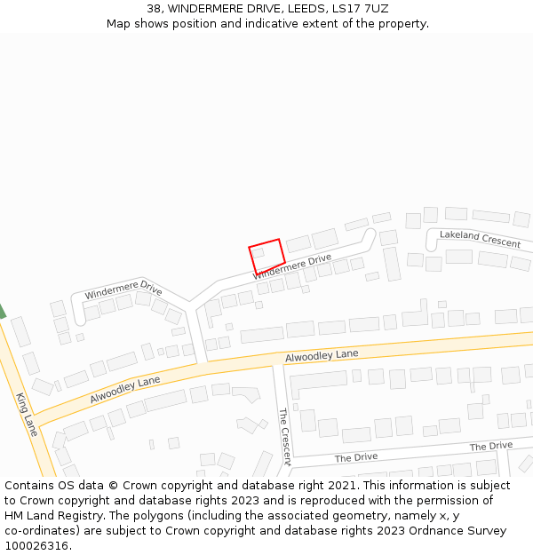 38, WINDERMERE DRIVE, LEEDS, LS17 7UZ: Location map and indicative extent of plot