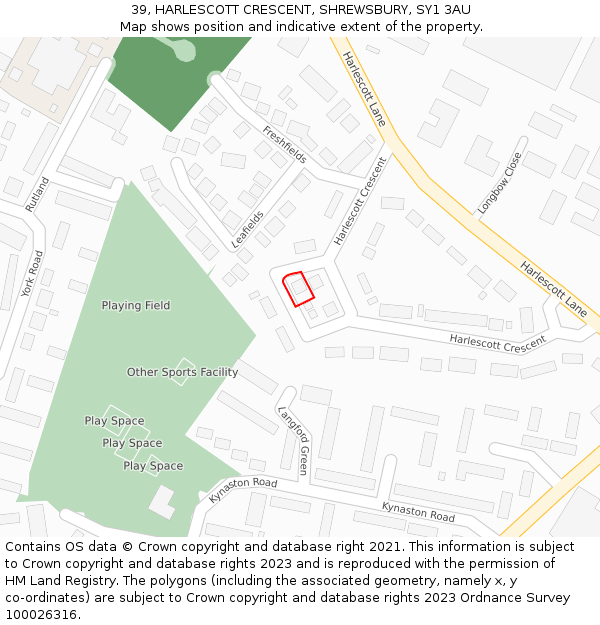 39, HARLESCOTT CRESCENT, SHREWSBURY, SY1 3AU: Location map and indicative extent of plot