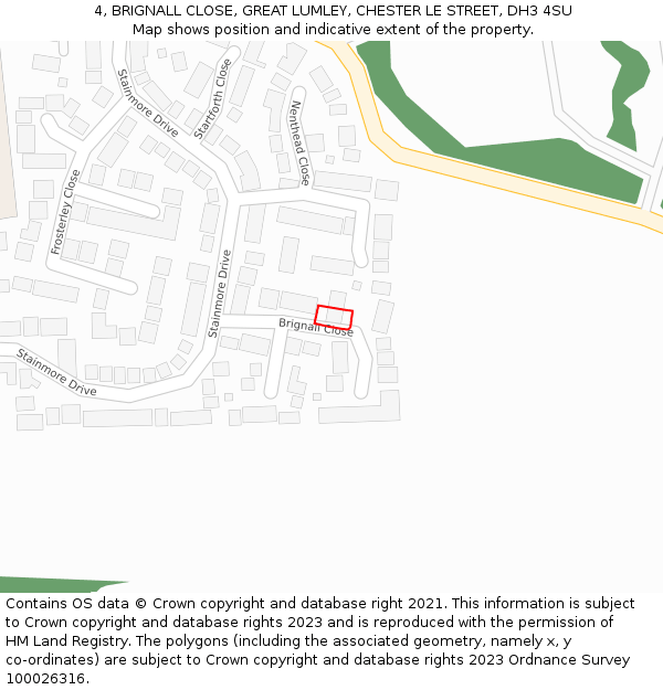 4, BRIGNALL CLOSE, GREAT LUMLEY, CHESTER LE STREET, DH3 4SU: Location map and indicative extent of plot