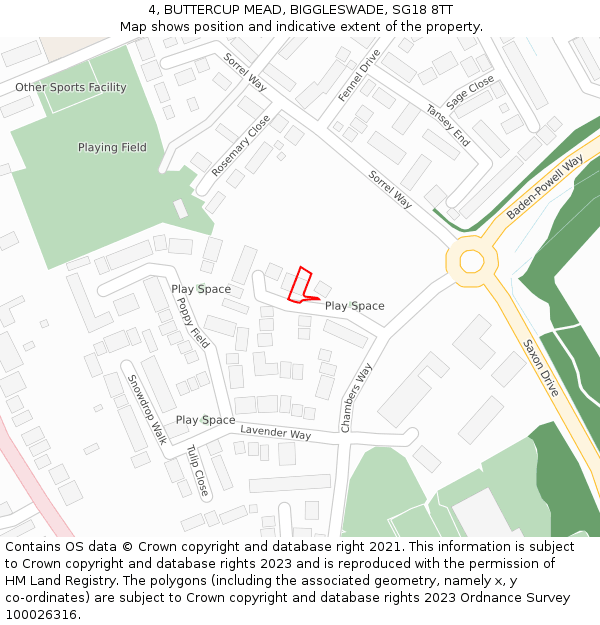 4, BUTTERCUP MEAD, BIGGLESWADE, SG18 8TT: Location map and indicative extent of plot