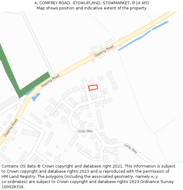 4, COMFREY ROAD, STOWUPLAND, STOWMARKET, IP14 4FD: Location map and indicative extent of plot