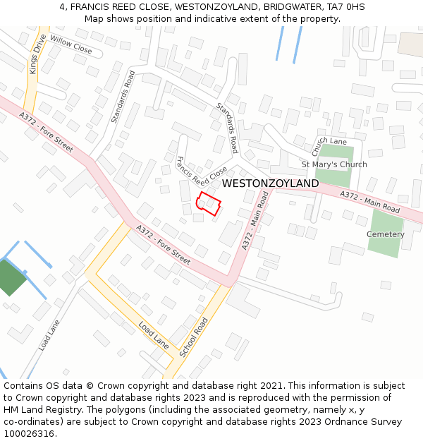 4, FRANCIS REED CLOSE, WESTONZOYLAND, BRIDGWATER, TA7 0HS: Location map and indicative extent of plot