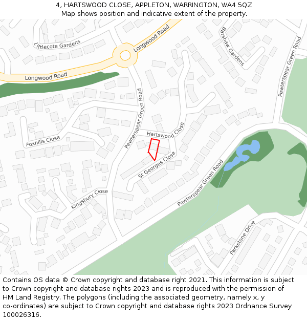 4, HARTSWOOD CLOSE, APPLETON, WARRINGTON, WA4 5QZ: Location map and indicative extent of plot