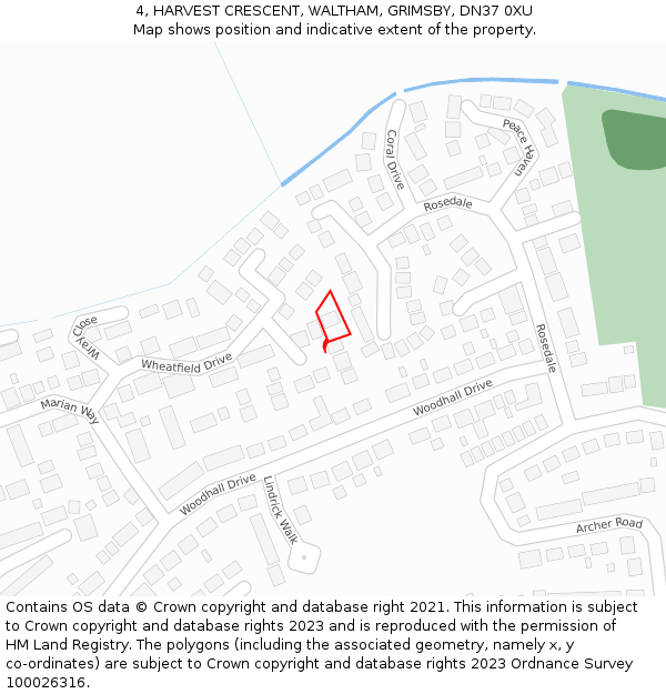 4, HARVEST CRESCENT, WALTHAM, GRIMSBY, DN37 0XU: Location map and indicative extent of plot