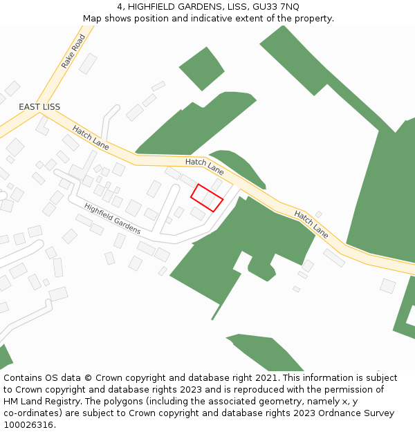 4, HIGHFIELD GARDENS, LISS, GU33 7NQ: Location map and indicative extent of plot