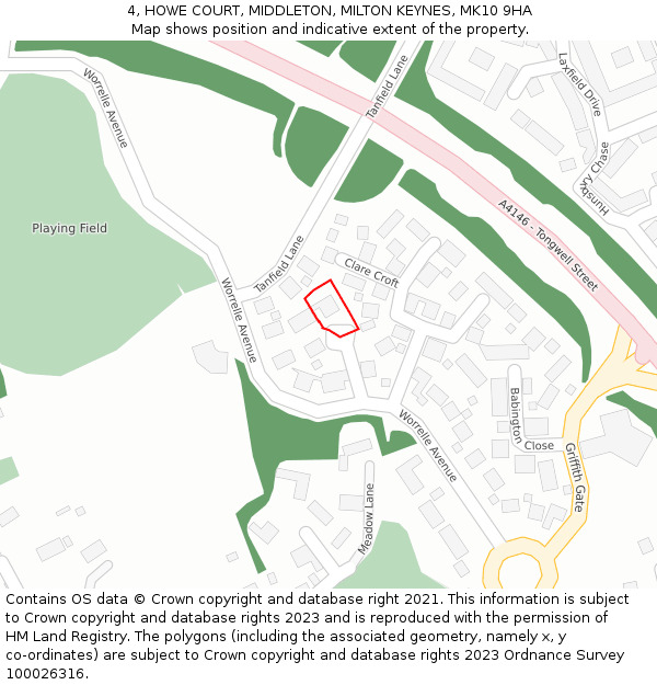 4, HOWE COURT, MIDDLETON, MILTON KEYNES, MK10 9HA: Location map and indicative extent of plot