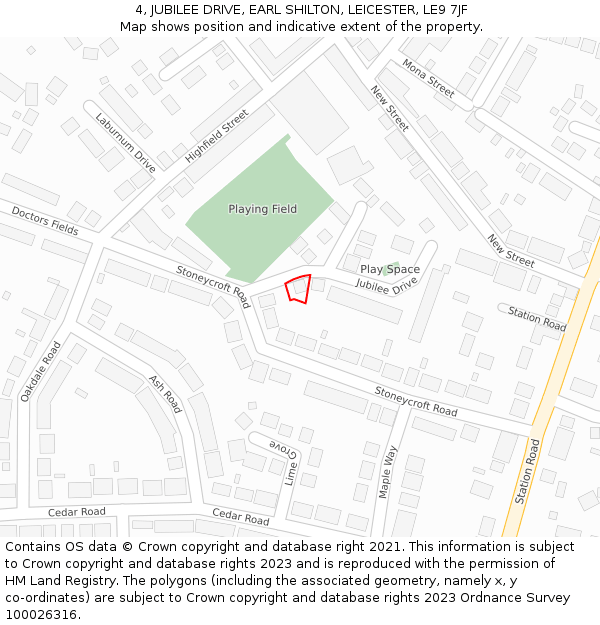 4, JUBILEE DRIVE, EARL SHILTON, LEICESTER, LE9 7JF: Location map and indicative extent of plot