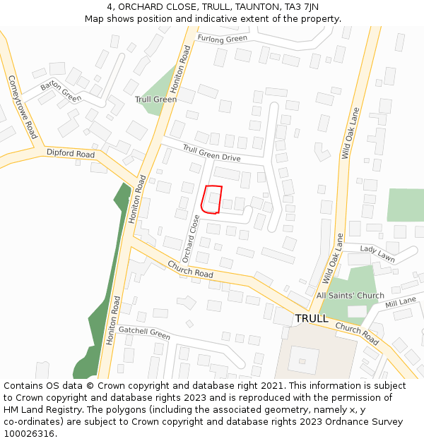 4, ORCHARD CLOSE, TRULL, TAUNTON, TA3 7JN: Location map and indicative extent of plot