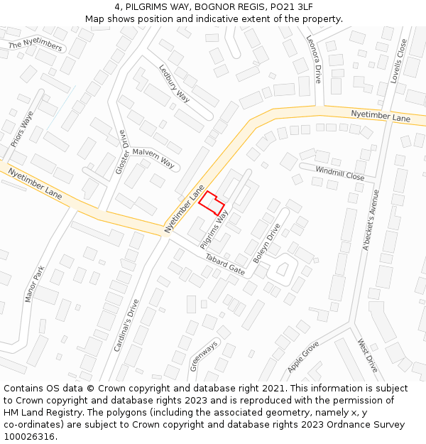 4, PILGRIMS WAY, BOGNOR REGIS, PO21 3LF: Location map and indicative extent of plot