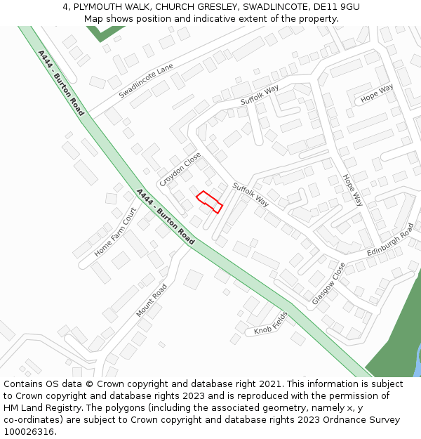 4, PLYMOUTH WALK, CHURCH GRESLEY, SWADLINCOTE, DE11 9GU: Location map and indicative extent of plot