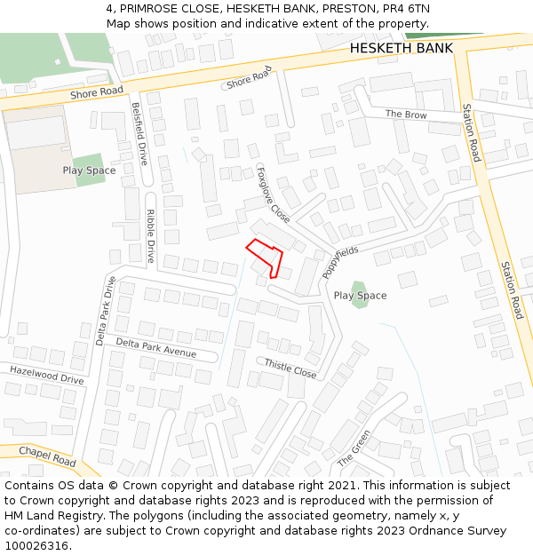 4, PRIMROSE CLOSE, HESKETH BANK, PRESTON, PR4 6TN: Location map and indicative extent of plot