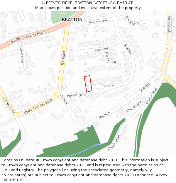 4, REEVES PIECE, BRATTON, WESTBURY, BA13 4TH: Location map and indicative extent of plot