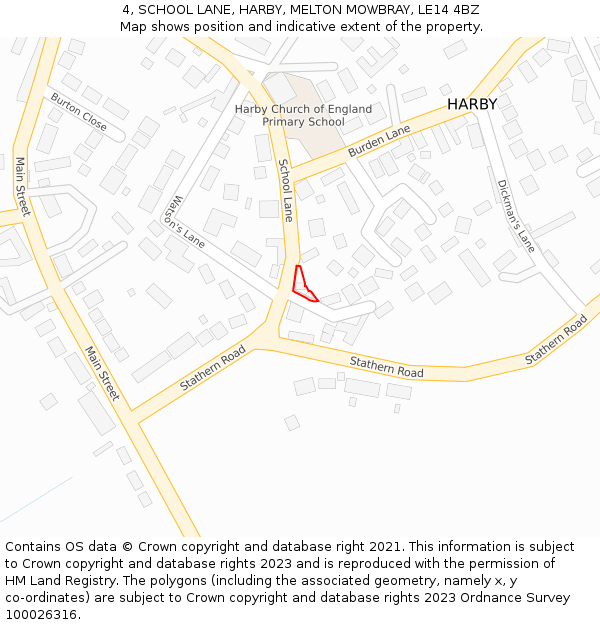 4, SCHOOL LANE, HARBY, MELTON MOWBRAY, LE14 4BZ: Location map and indicative extent of plot