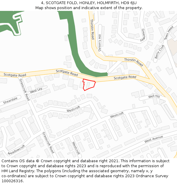 4, SCOTGATE FOLD, HONLEY, HOLMFIRTH, HD9 6JU: Location map and indicative extent of plot