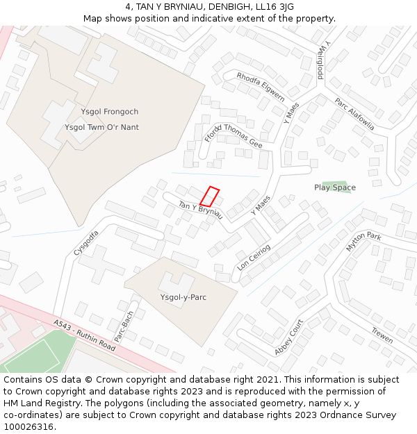 4, TAN Y BRYNIAU, DENBIGH, LL16 3JG: Location map and indicative extent of plot