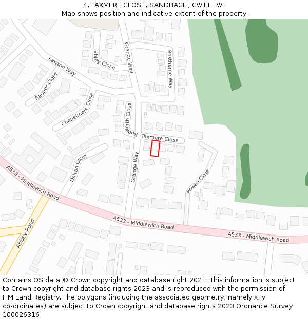 4, TAXMERE CLOSE, SANDBACH, CW11 1WT: Location map and indicative extent of plot