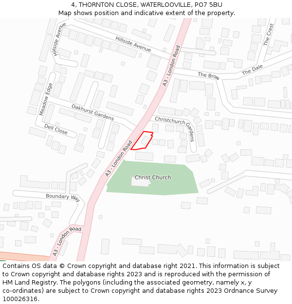 4, THORNTON CLOSE, WATERLOOVILLE, PO7 5BU: Location map and indicative extent of plot