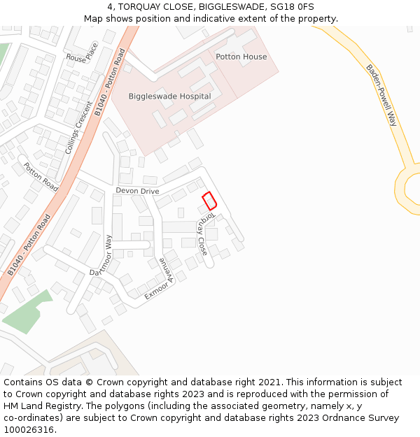 4, TORQUAY CLOSE, BIGGLESWADE, SG18 0FS: Location map and indicative extent of plot