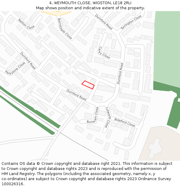 4, WEYMOUTH CLOSE, WIGSTON, LE18 2RU: Location map and indicative extent of plot