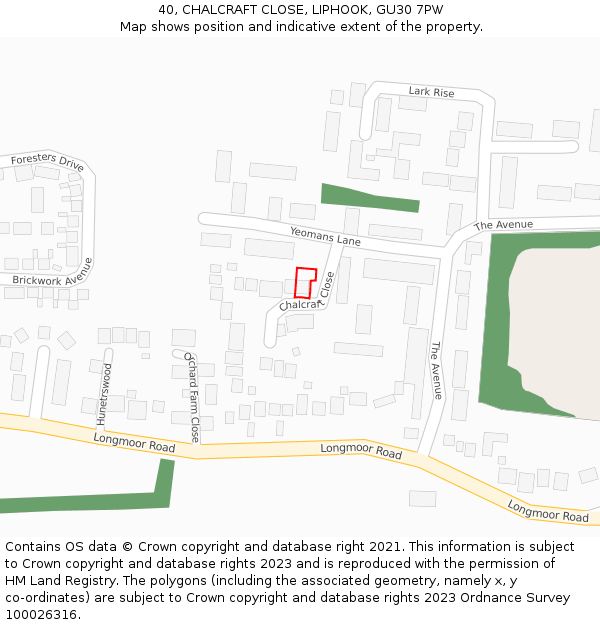 40, CHALCRAFT CLOSE, LIPHOOK, GU30 7PW: Location map and indicative extent of plot