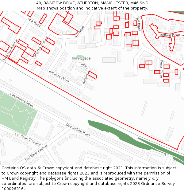 40, RAINBOW DRIVE, ATHERTON, MANCHESTER, M46 9ND: Location map and indicative extent of plot